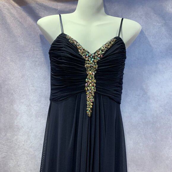 Navy Spaghetti Strap Gown with Crystal Beaded Bodice - Picture 3 of 9